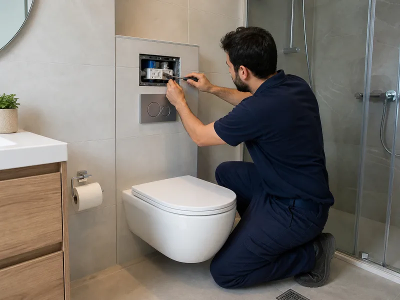 Gömme rezervuar servis kapağında onarım yapan tesisatçı