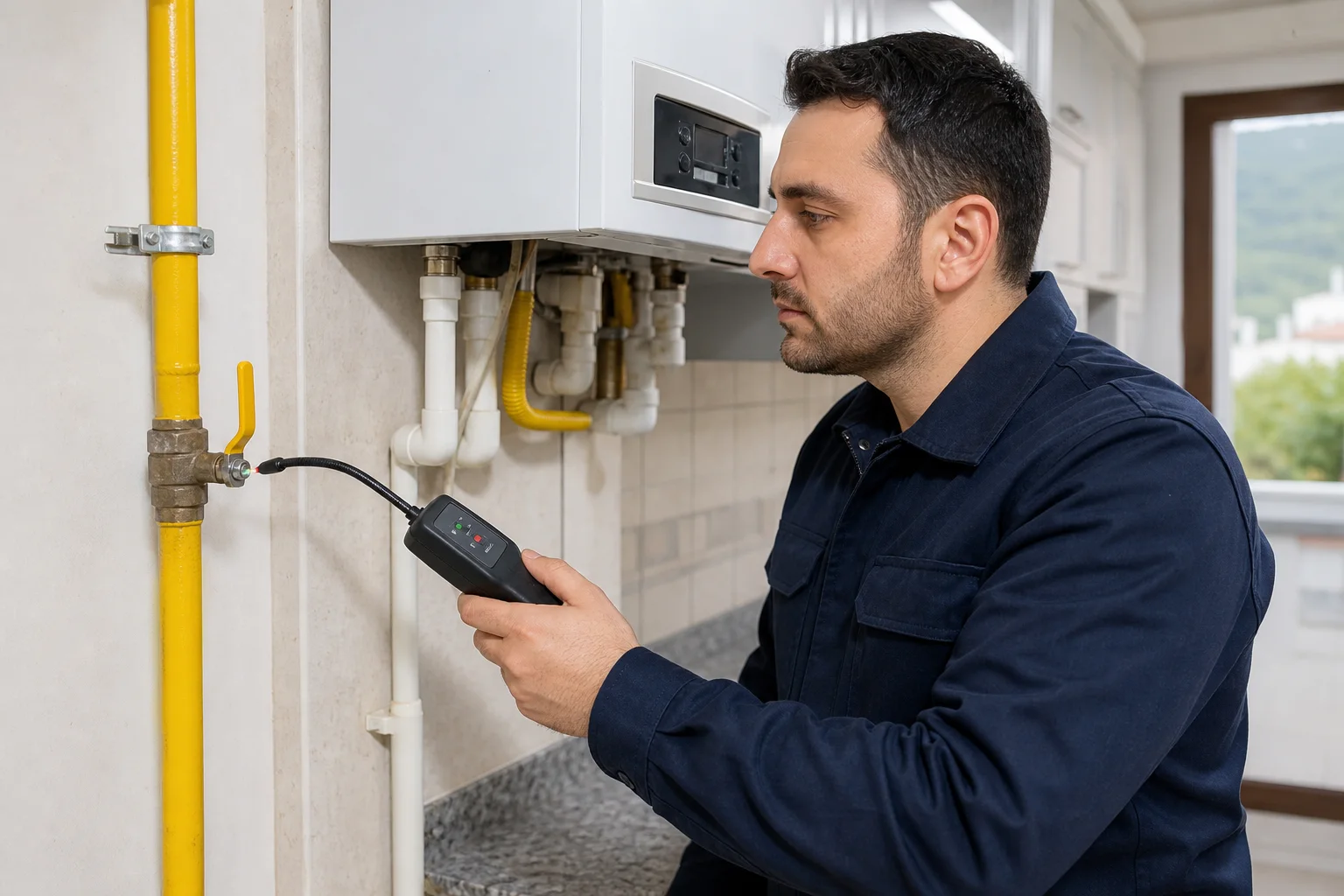 Doğalgaz boru bağlantısını elektronik kaçak dedektörüyle kontrol eden teknisyen